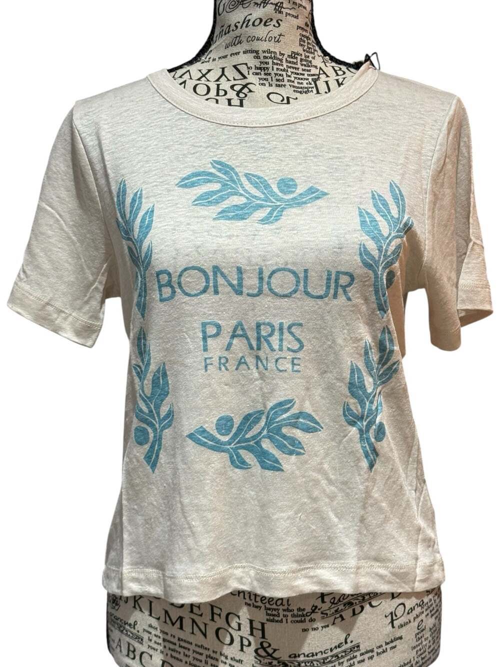 Chaser Bonjour Paris France Graphic Tee Small Linen Blend Ivory Blue NWT